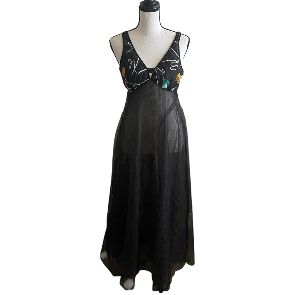Vintage 1960s Sheer Maci Length Black with Floral Print Slip Gown